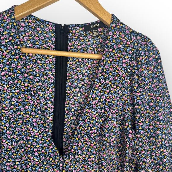 AFRM Button Front Puff Sleeve Floral Maxi Dress Size M Black Micro Floral Multi - Picture 10 of 11